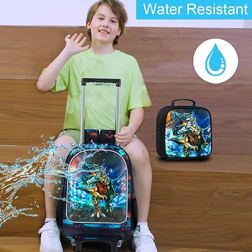 Miniatura 2 de CCJPX Mochila con ruedas para niños, mochila escolar con ruedas para niños pequeños, Dinosaurio Negro