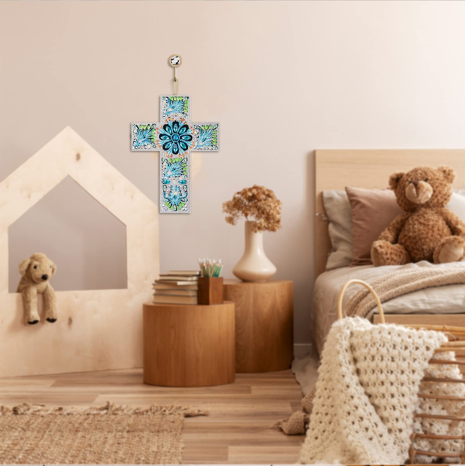 LUSandy Kit Fai Da Te 5D Diamond Painting: Croce In Legno Con Strass, Decorazione Da Appendere 24,5x18 Cm - 2
