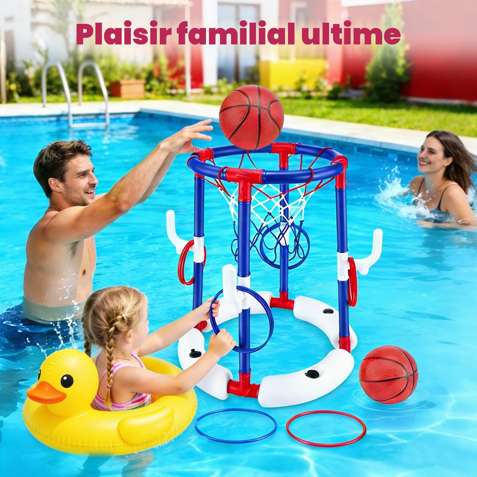 Jeu de Basket de Piscine 2 en 1, Panier de Basket Flottant avec 4 Grands Ballons & 12 Anneaux INCL. Pompe, Sport Nautique Gonflable pour Enfants Adultes Famille Amusement dans l'eau