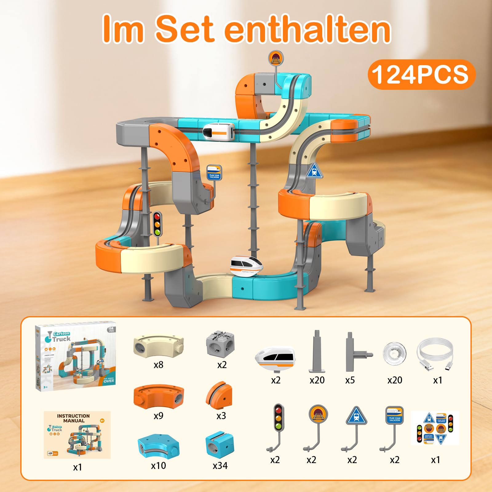 Clickrail Electric Train Set Flexible Race Track 124PCS – Cube Track Block Zug mit Schwerkraftdefying 3D-Layouts, Zahnradschiene Blöcke & Motorisiertem Zug, Toy Gifts für Kinde(124)