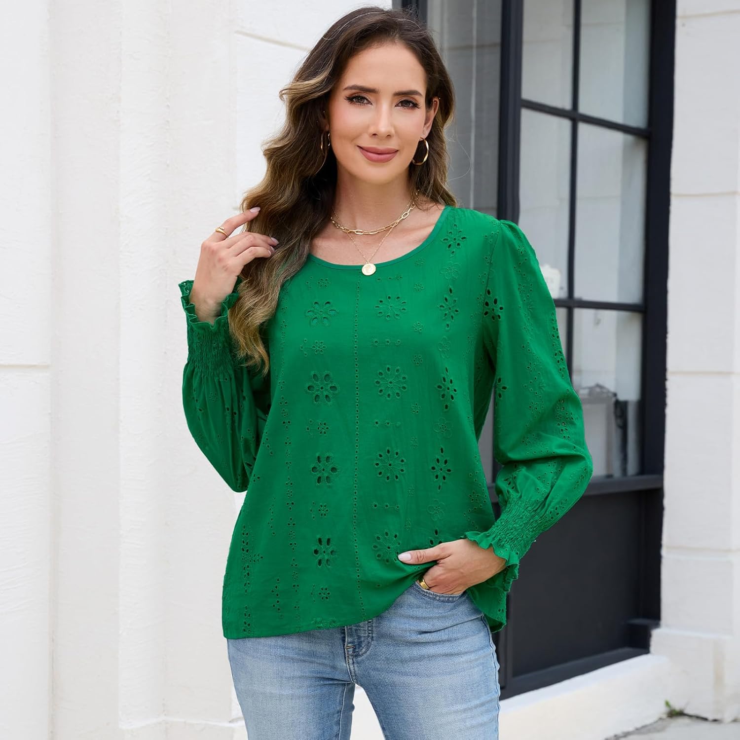 Women's Blouses Long Sleeve Embroidered Eyelet Tops with Lining Dressy Sheer O Neck Cotton Shirts Elegant Blouses 2025 - Image 5