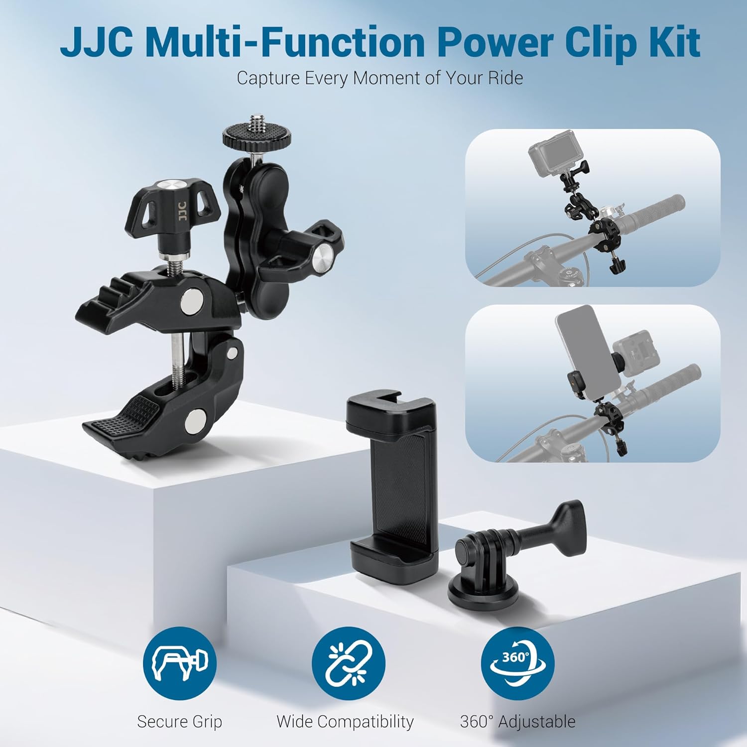 JJC Super Clamp Camera Mount, Dual Ballhead Aluminum Pole Mount w. 1/4“-20 & 3/8"-16 Thread Hole, Action Camera Mount and Phone Clip, for DJI Osmo Action GoPro, Crab Clamp for Desk Tripod Tube Rod