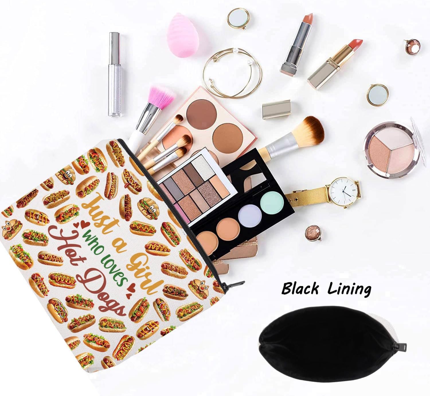 LEVLO Hot Dogs Cosmetic Bag - Food Lover Gift, Makeup Zipper Pouch for Girls Who Love Hot Dogs - Image 3