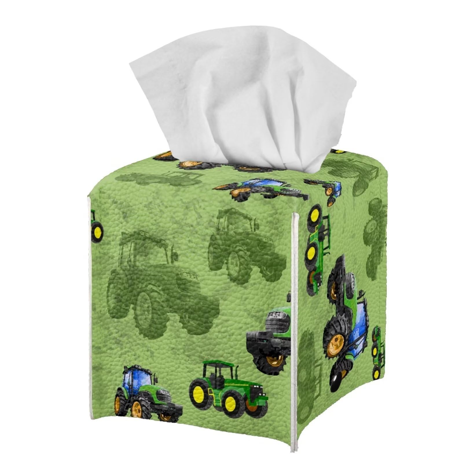 Cozeyat Tissue Box Cover Cute Cartoon Tractor Pattern, Leather Tissue Box Holder Square Stylish Decorative Tissue Case Facial Paper Organizer Dispenser for Bathroom, Vanity Countertop, Car