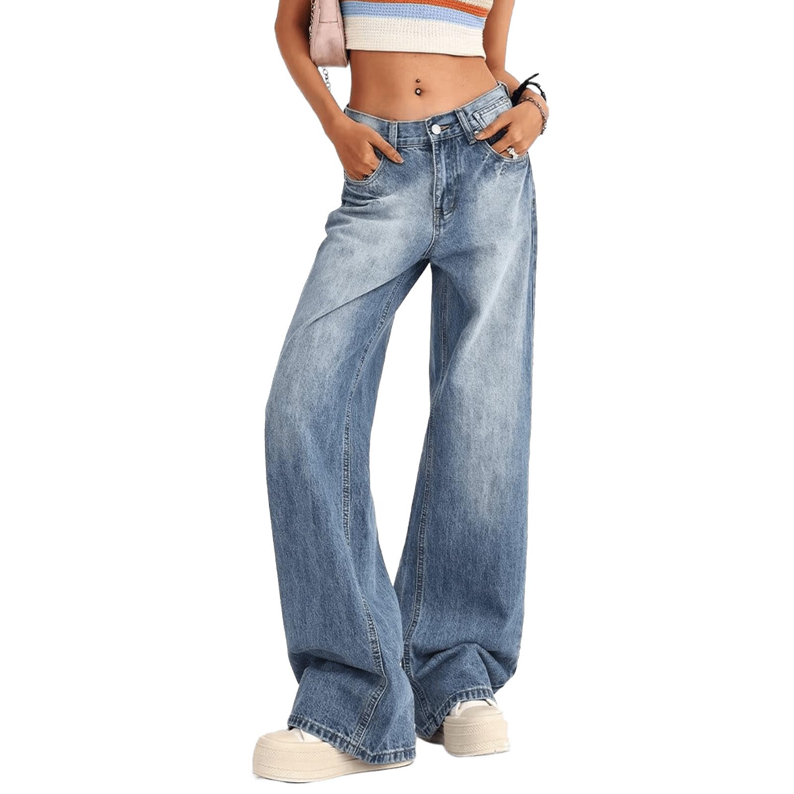 Women's Low Rise Baggy Jeans Y2K 2000s Straight Wide Leg Denim Pants | Casual Loose Flare Jeans with pockets, Slightly Stretch Denim, Senior Teen