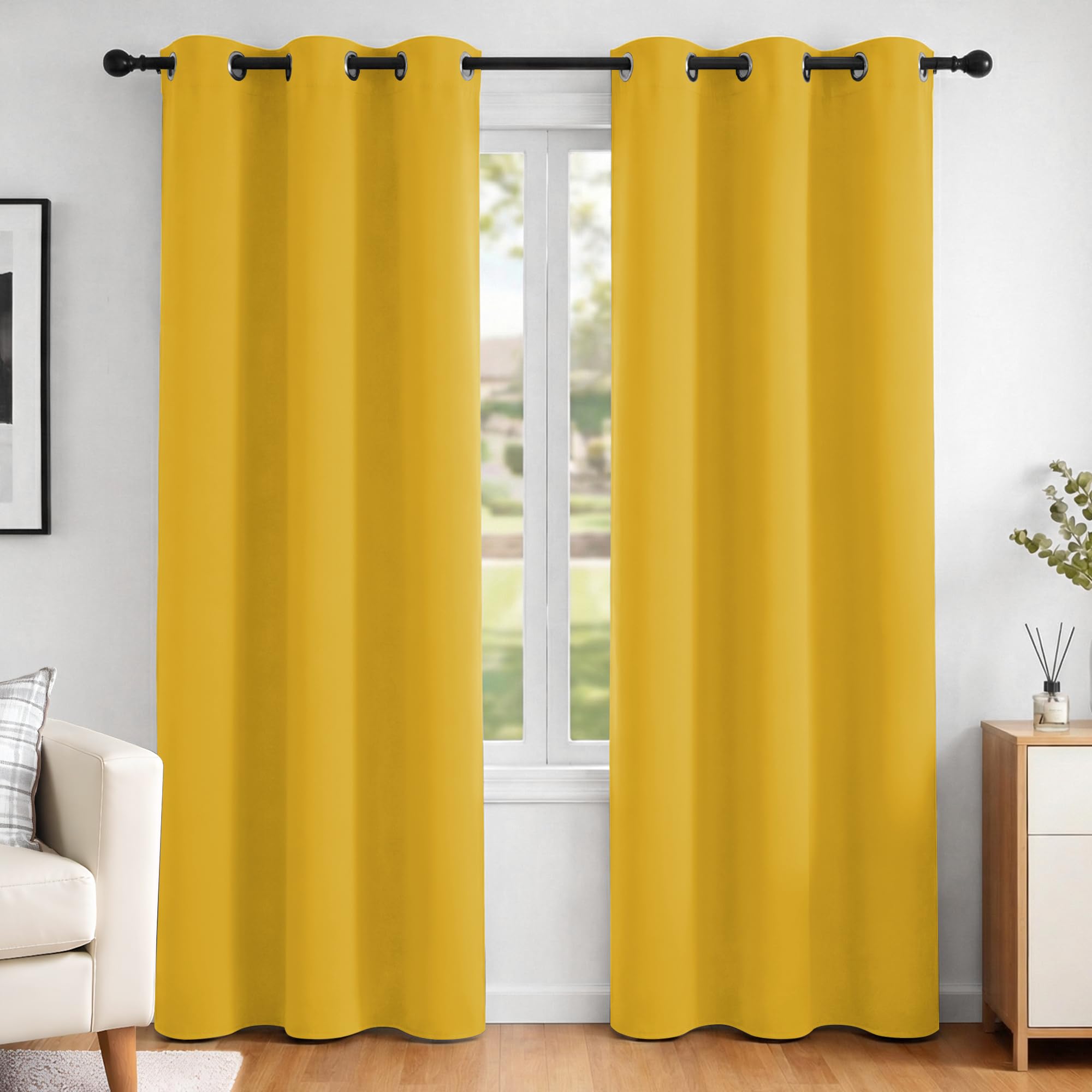 Deconovo Mellow Yellow Functional Thermal Insulated Curtains Blackout Curtains Eyelet Curtains For Kids Bedroom W42 X L84 Inch One Pair