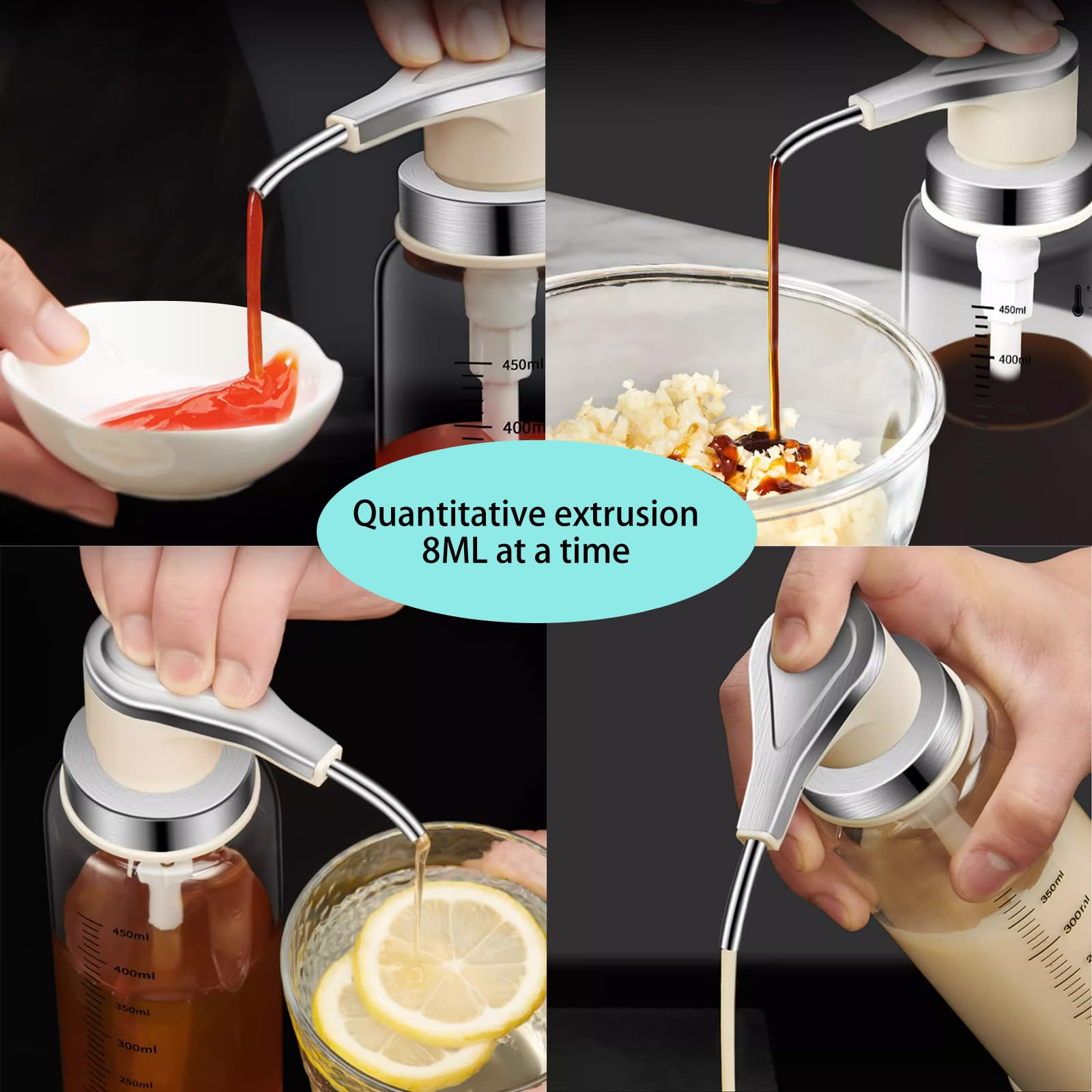 Dispensadores de bomba de salsa, dispensador de jarabe de café, 4 botellas de vidrio de 500 ml con bombas de acero inoxidable, a prueba de fugas, bombas de grado alimenticio para miel, jarabes,