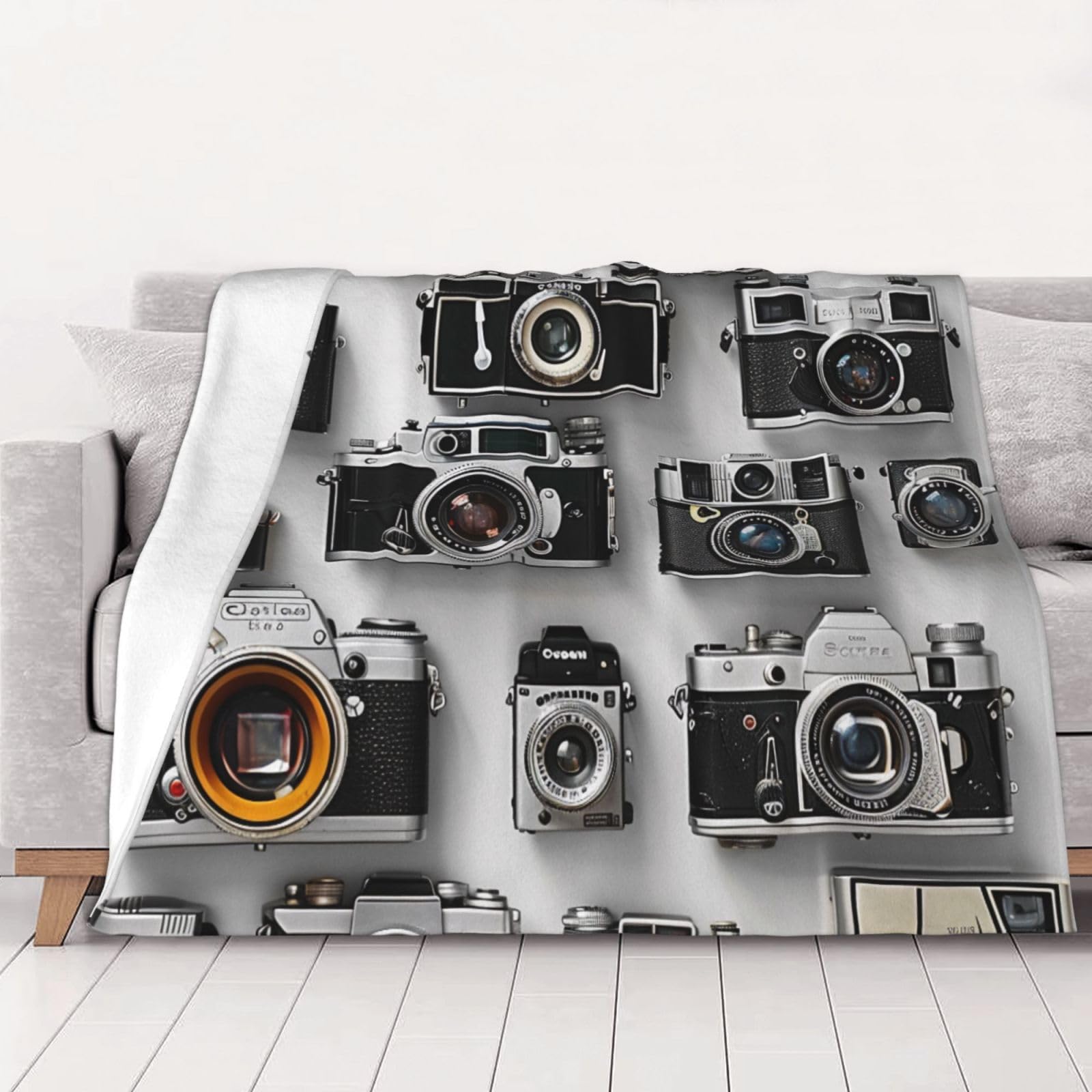 Couverture flanelle Retro Camera 200x150cm douce pour lit et canapé