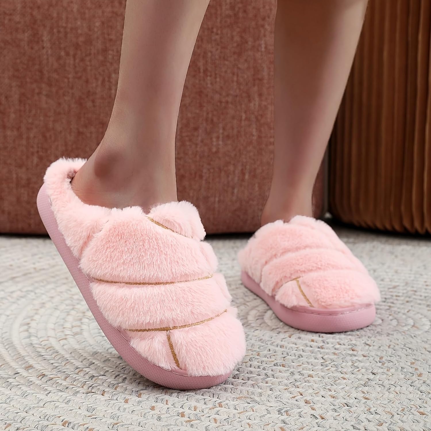 Womens Mens Solid Color Slippers Memory Foam Plush Concha Slippers Lining Warm Soft Cozy Home Slipper Outdoor Indoor House Shoes - Image 3