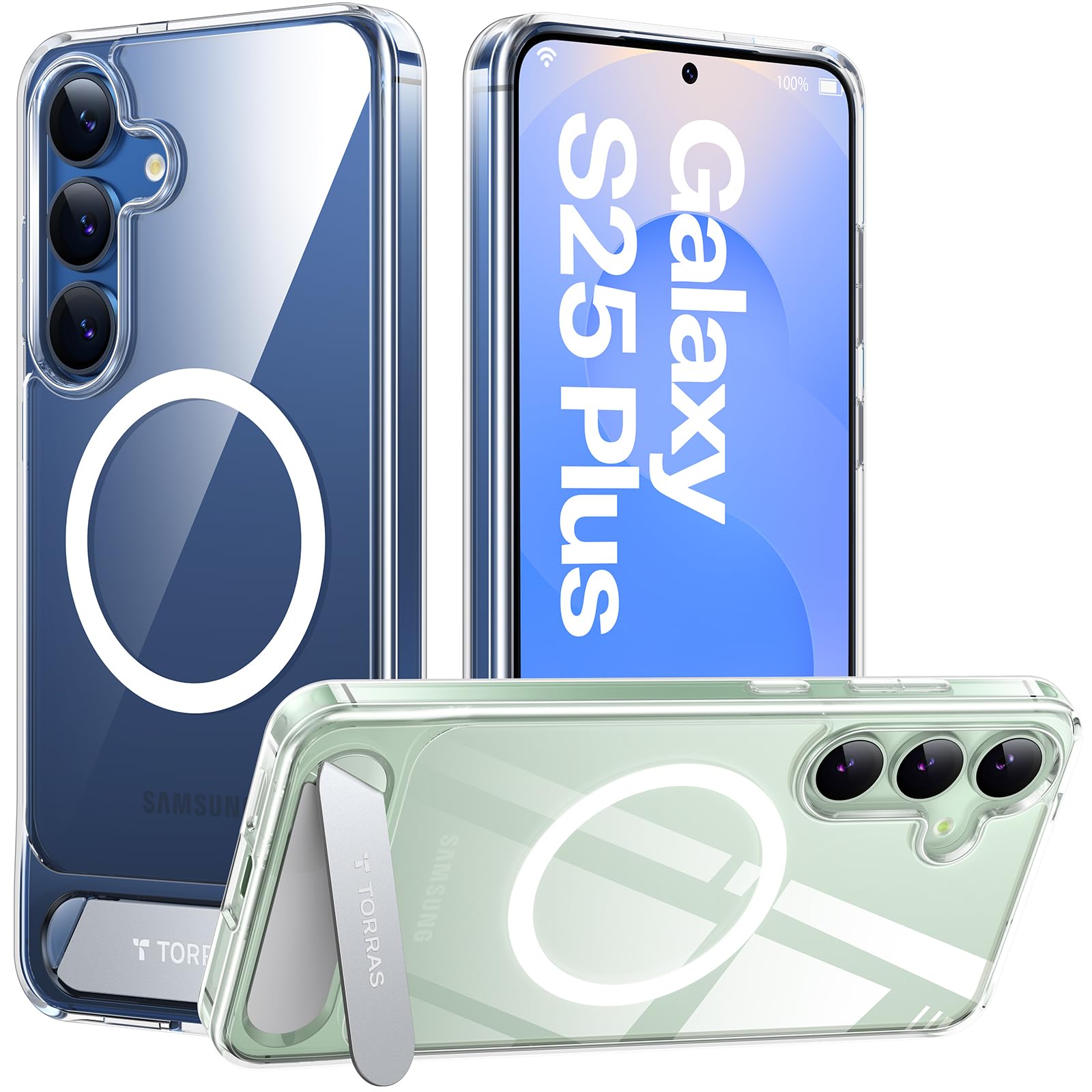 TORRAS Strong Magnetic & Seamless Stand for Samsung Galaxy S25 Plus Case, Fit for MagSafe, Mil-Grade Drop Protection, Kickstand for Samsung Galaxy S25 Plus Case, Anti-Yellowing Diamond Clear