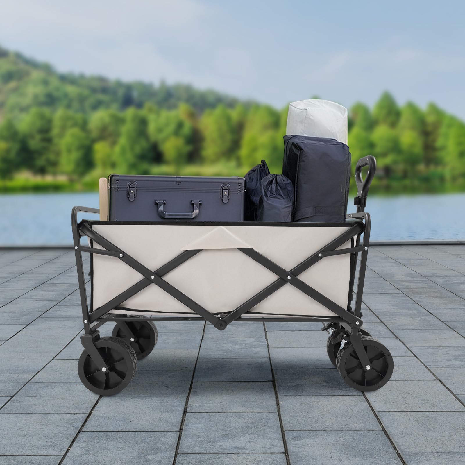 Carrello pieghevole con ruote, carrello manuale pieghevole con manico regolabile – Portata 115 kg, ruote da 8 pollici per campeggio, giardino, spiaggia e shopping (kaki)