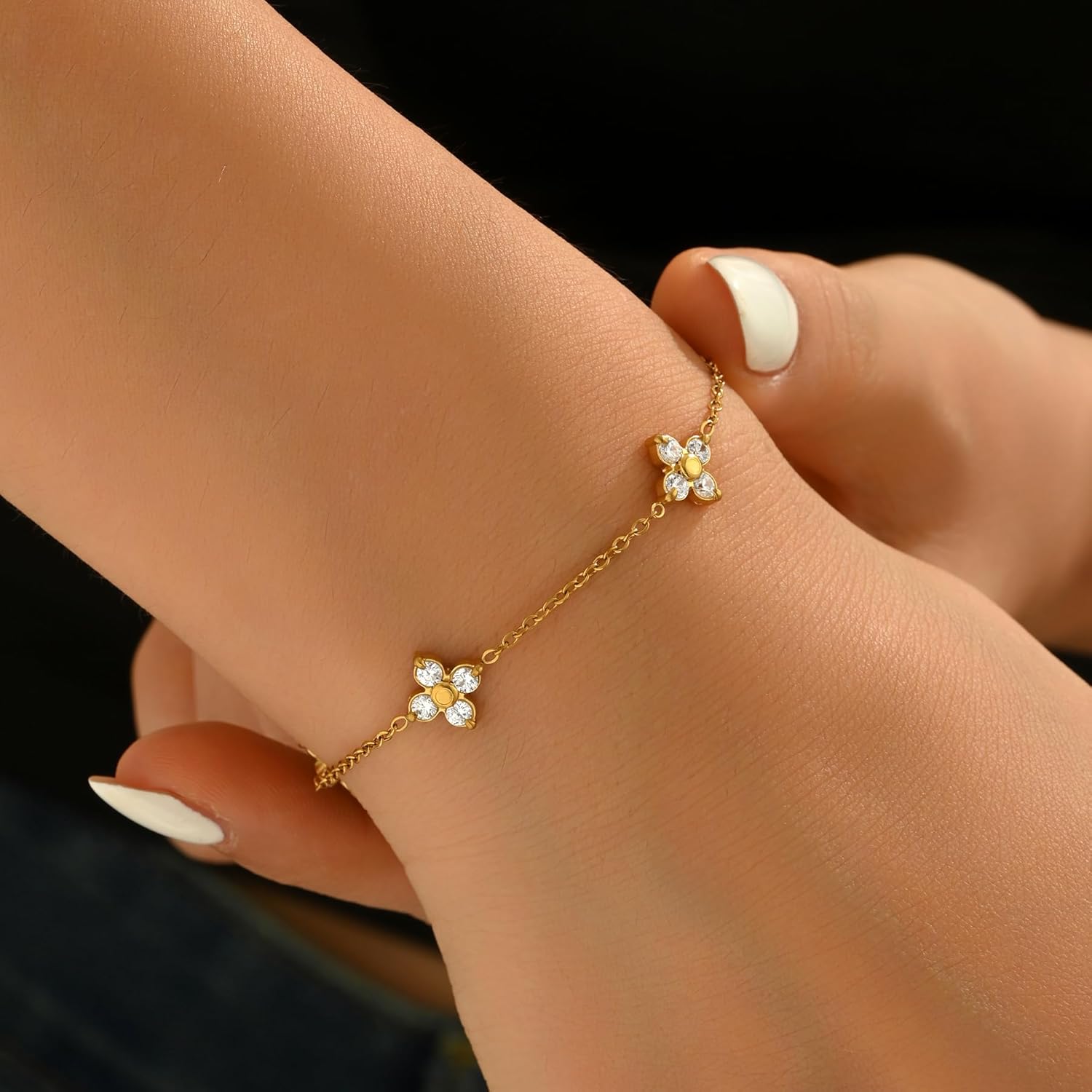 18K Gold Plated Bracelet For Women, Dainty Cross, Clover, Flower Bracelet, Adjustable Cubic Zirconia Link Chain Bracelets, Stainless Steel Gift Jewelry - Image 4