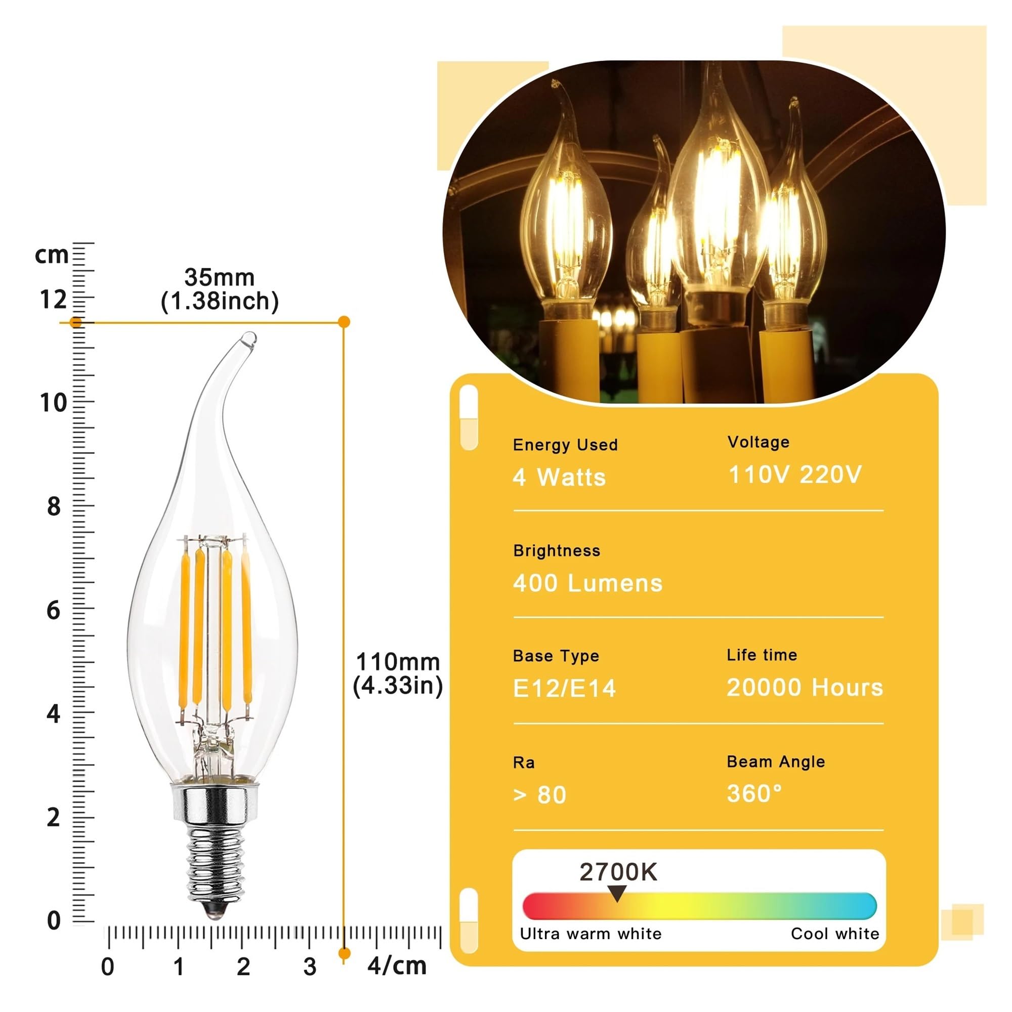 JrEam Ampoules LED for Lustre, C35 4W, Pointe de Flamme, équivalent 40W, E12, E14, Base de candélabre, 220V, 6 pièces(E14 220V)