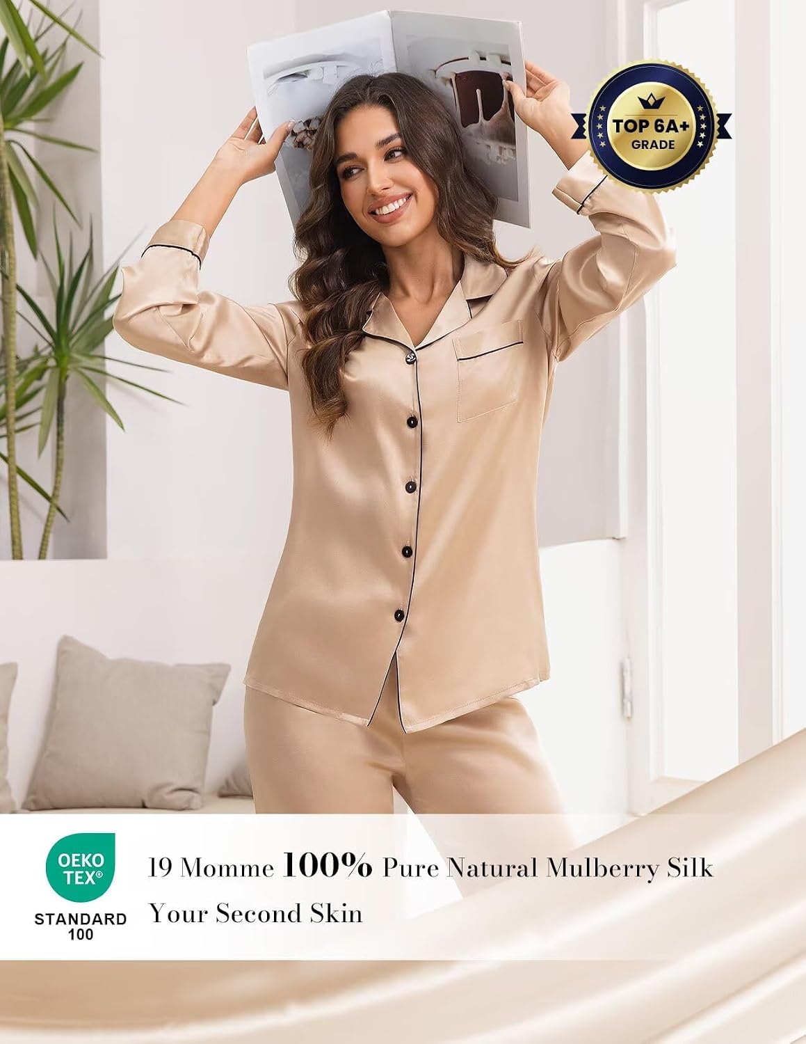 THXSILK 100% Mulberry Silk Pajamas Set for Women 2 Piece Silk long Sleeve Sleepwear Pj Set Button Down Loungewear image 2