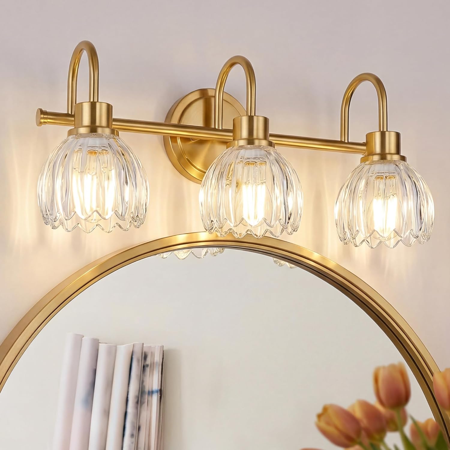3-Light Bathroom Light Fixtures, 21 Inch Brushed Gold Vanity Lights with Clear Tulip Glass Shade, Champagne Bronze Vanity Lighting Fixtures Over Mirror, E26 Base, ETL Listed, AD-22282-3W-GD-C