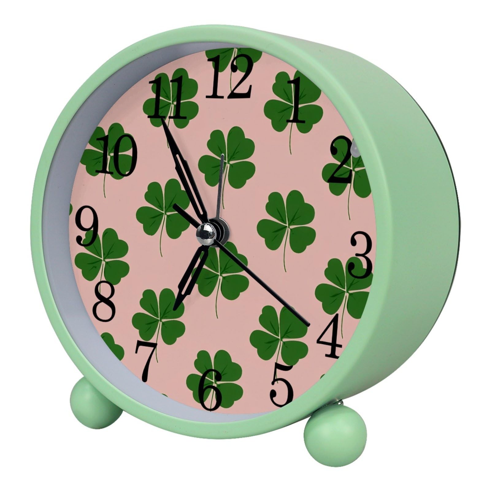 etoenbrc Shamrock and Pink Background Round Battery Operated Bedside Alarm Clock Non-Ticking Desktop Silent Analog Alarm Clock with Light