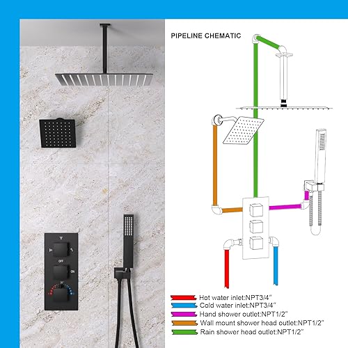 Miniatura 77 de Enga Sistema de ducha termostático doble, grifo de ducha de lluvia doble de montaje en pared de 12 pulgadas + 6 pulgadas, todas las funciones se Oro