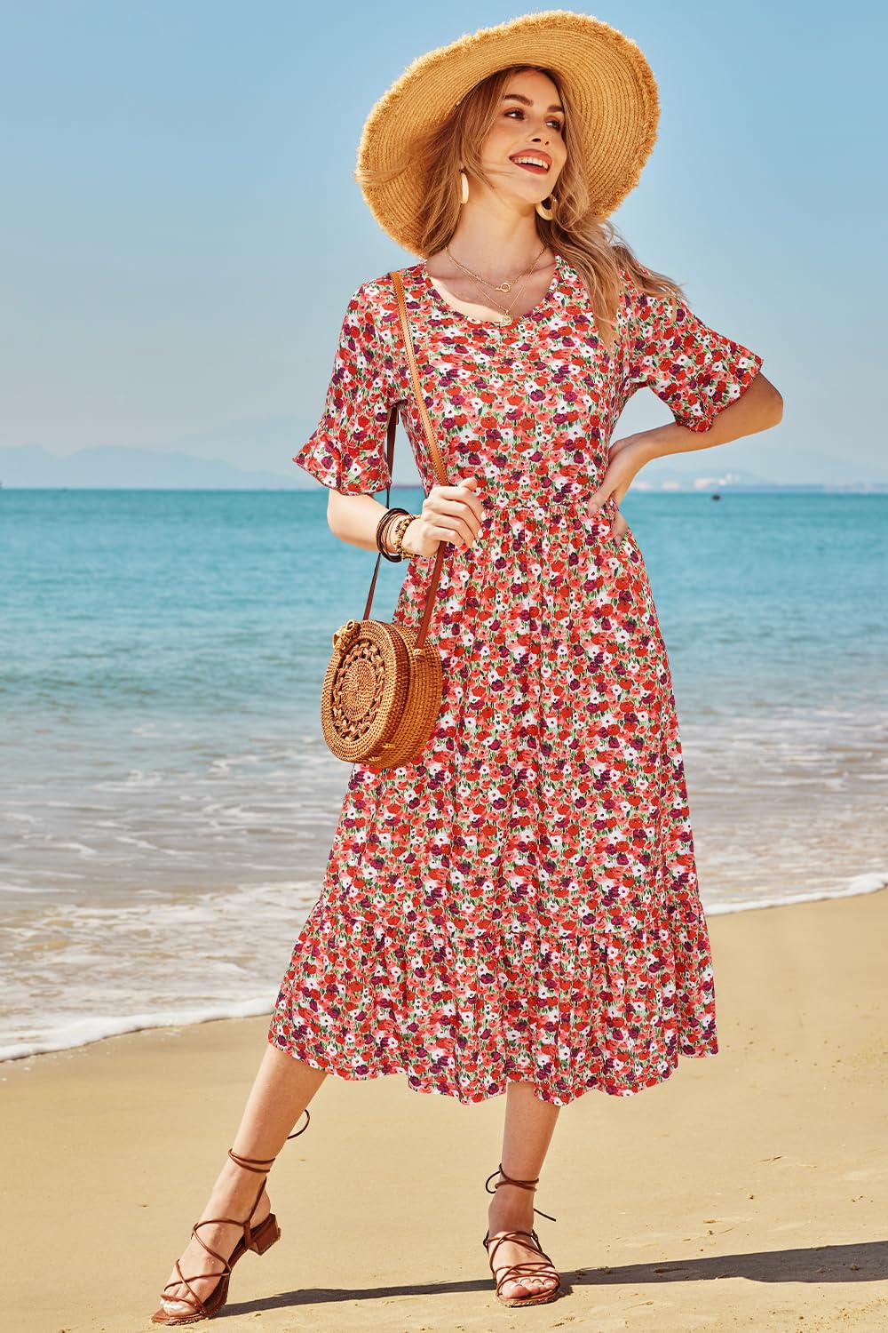 STYLEWORD Mujeres Verano Vestido de Manga Corta Largo Midi Playa Vestido de Vacaciones