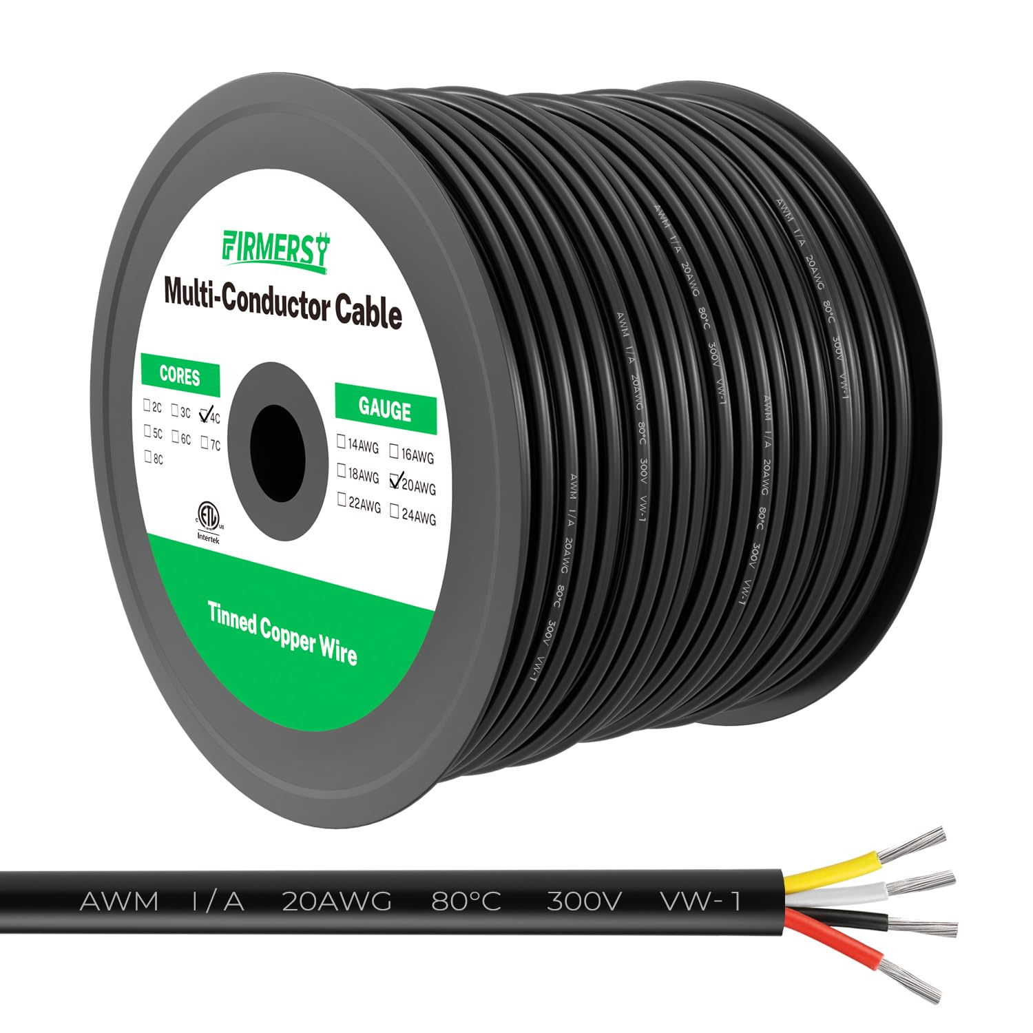 Firmerst 22 Gauge 100 Feet 4 Conductor Tinned Copper Electrical Wire for Lighting, Sensors, Controllers, Gate Openers