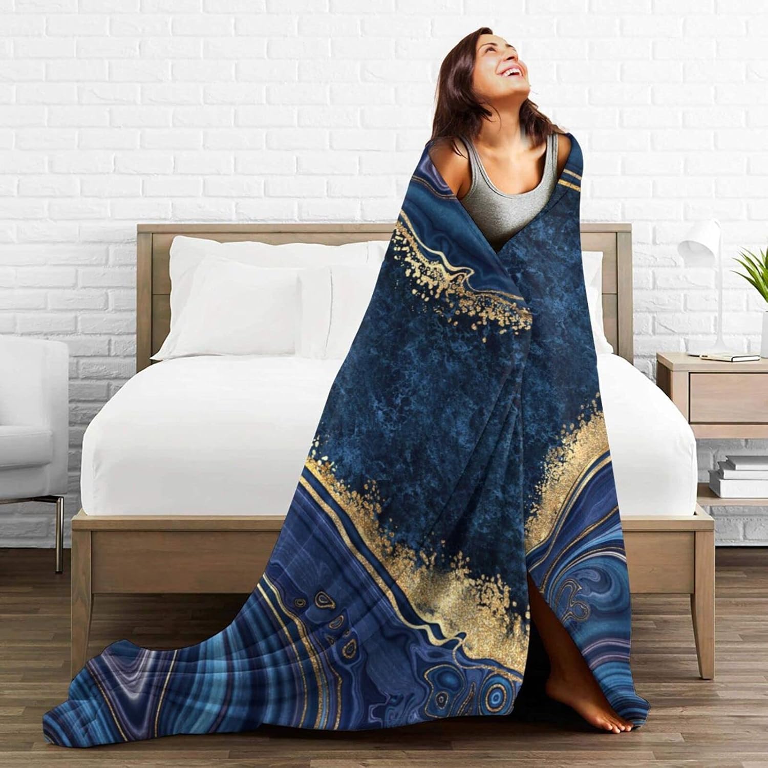 Perinsto Blue Painted Marble Throw Blanket Ultra Soft Warm All Season Marbling Painting Decorative Fleece Blankets for Bed Chair Car Sofa Couch Bedroom 80"X60" - Image 6