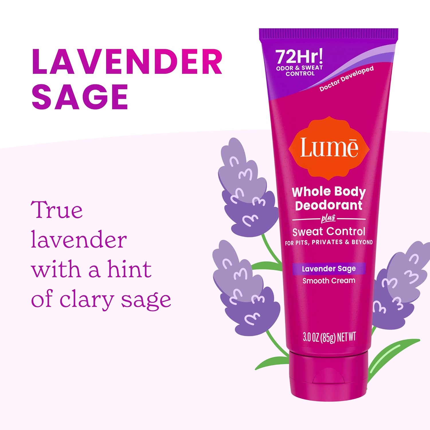 Lume Whole Body Deodorant Plus Sweat Control - Smooth Cream Tube - 72 Hour Odor And Sweat Control - Baking Soda Free, Skin Loving - 3.0 ounce (Pack of 2) (Soft Powder & Lavender Sage) - Image 8