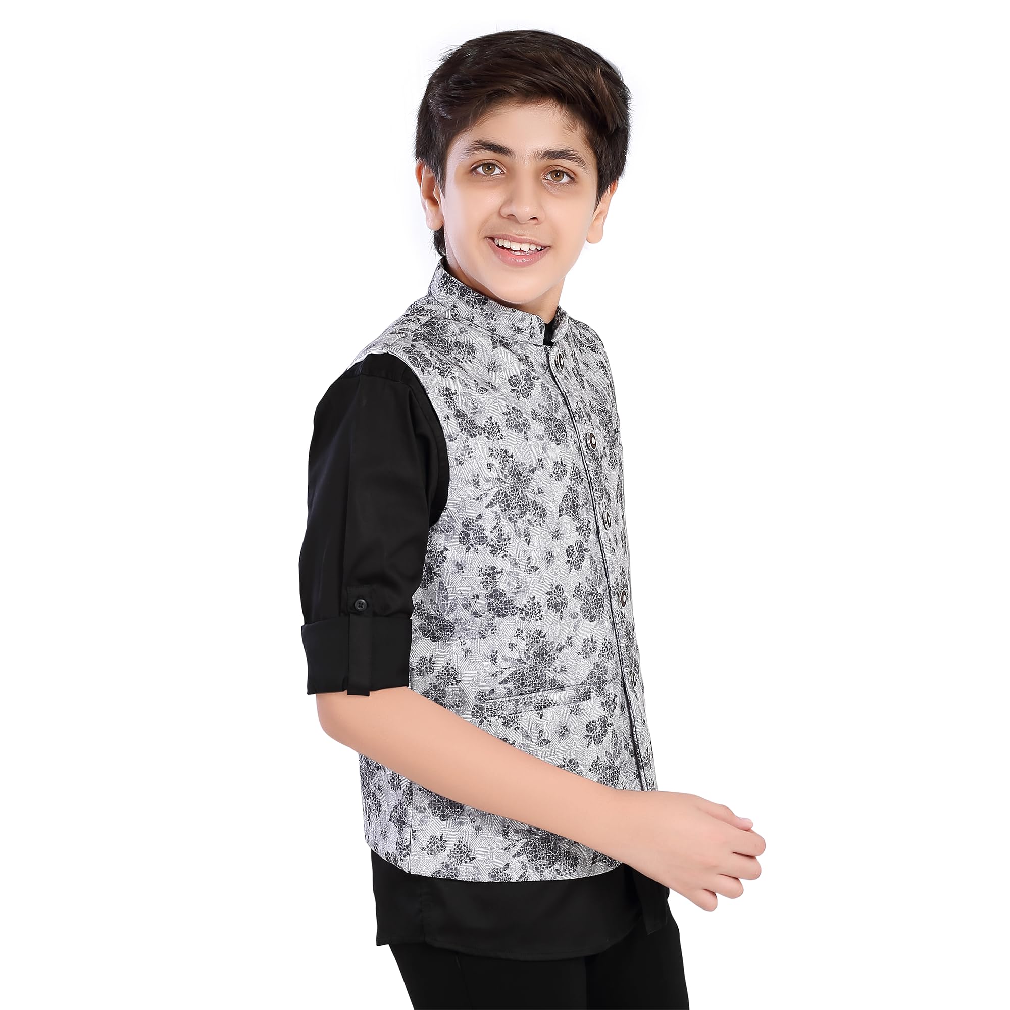 CHARCHIT Boys Black Printed Nehru Jacket and Shirt 2