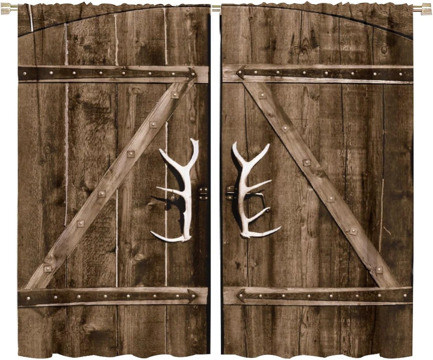 Rural Vintage Brown Wood Curtains, Rustic Farmhouse Barn Door Antler Handle, Room Darkening Thermal Insulation Rod Pocket Window Treatments for Living Room Bedroom Bathroom 72x63in