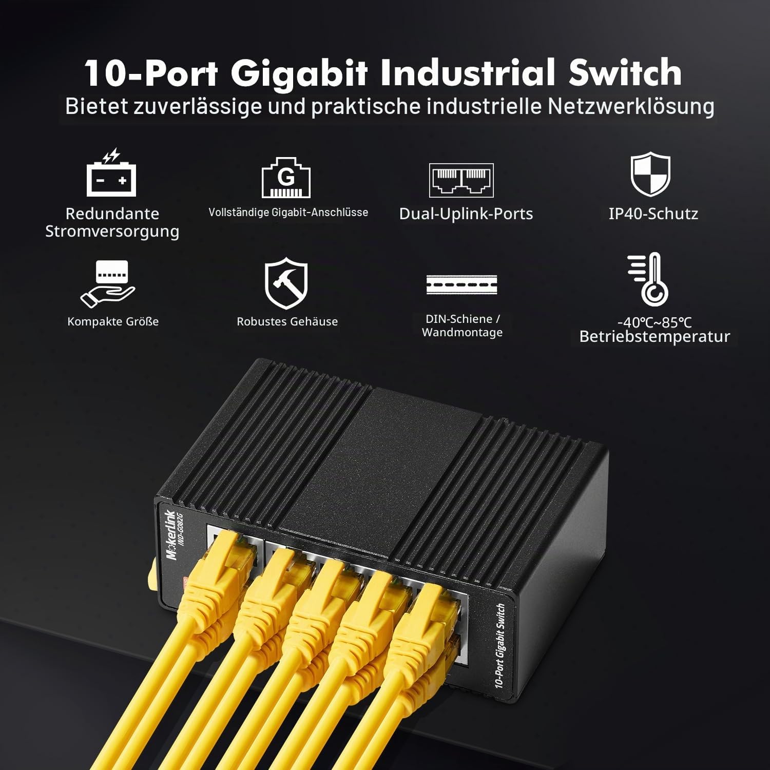 MokerLink 10 Port Gigabit Industrial DIN-Rail Ethernet Switch, Unmanaged IP40 Netzwerk-Switch (-40 bis 185°F), Mini-Format, mit Netzteil