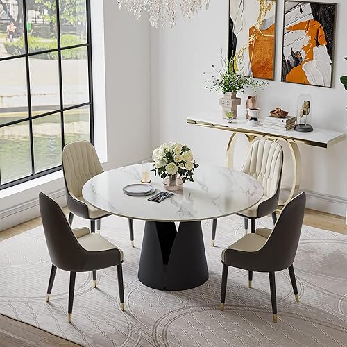 Wohh Mesa de comedor redonda con 4 sillas mesa de comedor de piedra sinterizada blanca moderna base de acero al carbono negro sólido 51 pulgadas y 4
