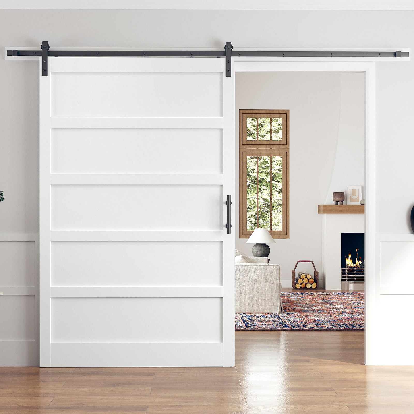 Photo 1 of ROYMELO 60x96 Inch White Sliding Barn Door Slab with 10ft Hardware Kit Included, 5-Panel, MDF Wood Panel Covered with Water-Proof Scratch-Proof PVC Surface, Simple DIY Assembly