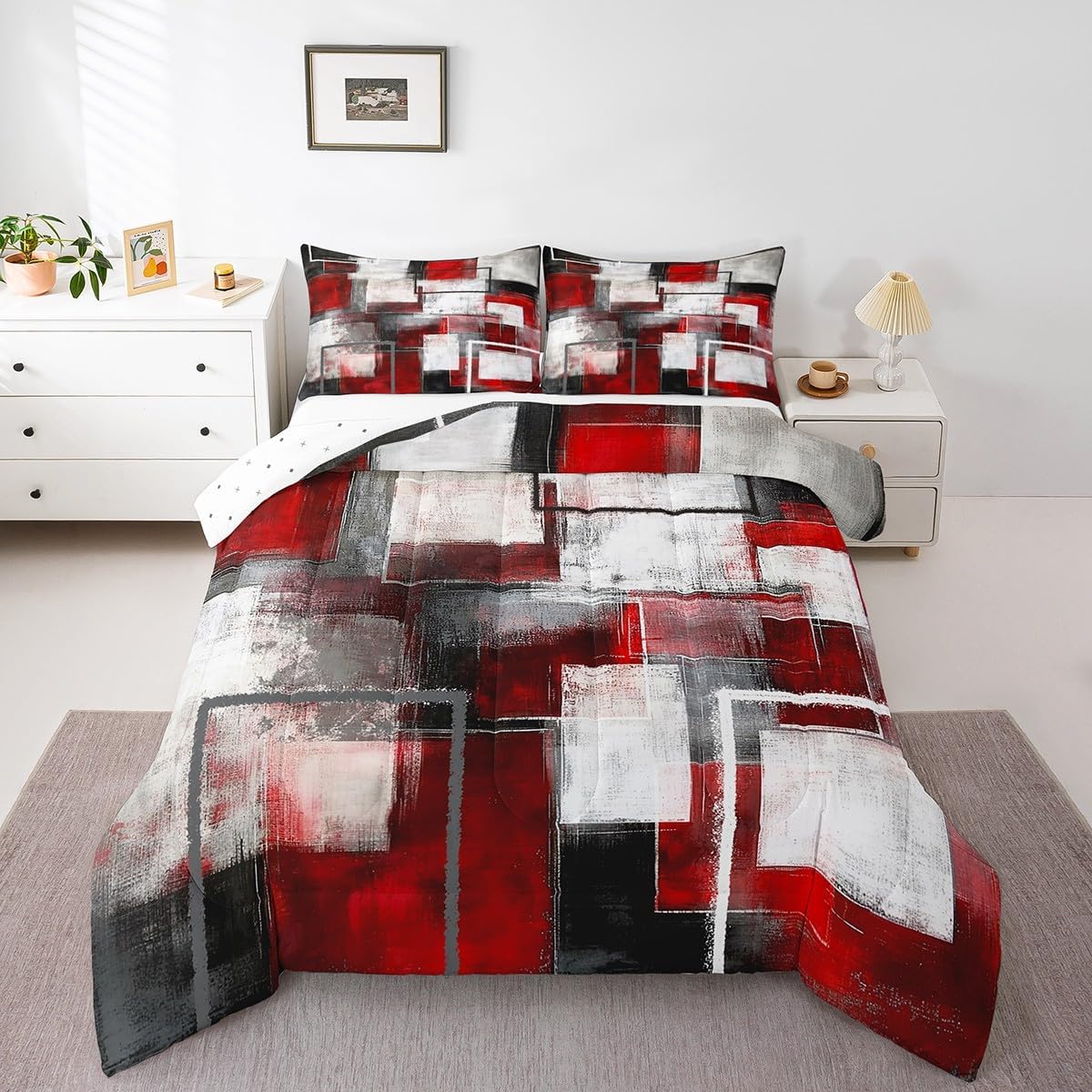 Feelyou Red Comforter Set Twin Size Abstract Comforter for Kids Teens Adults Bedding Set Geometric Duvet Set Room Decor 2Pcs with 1 Pillow Case