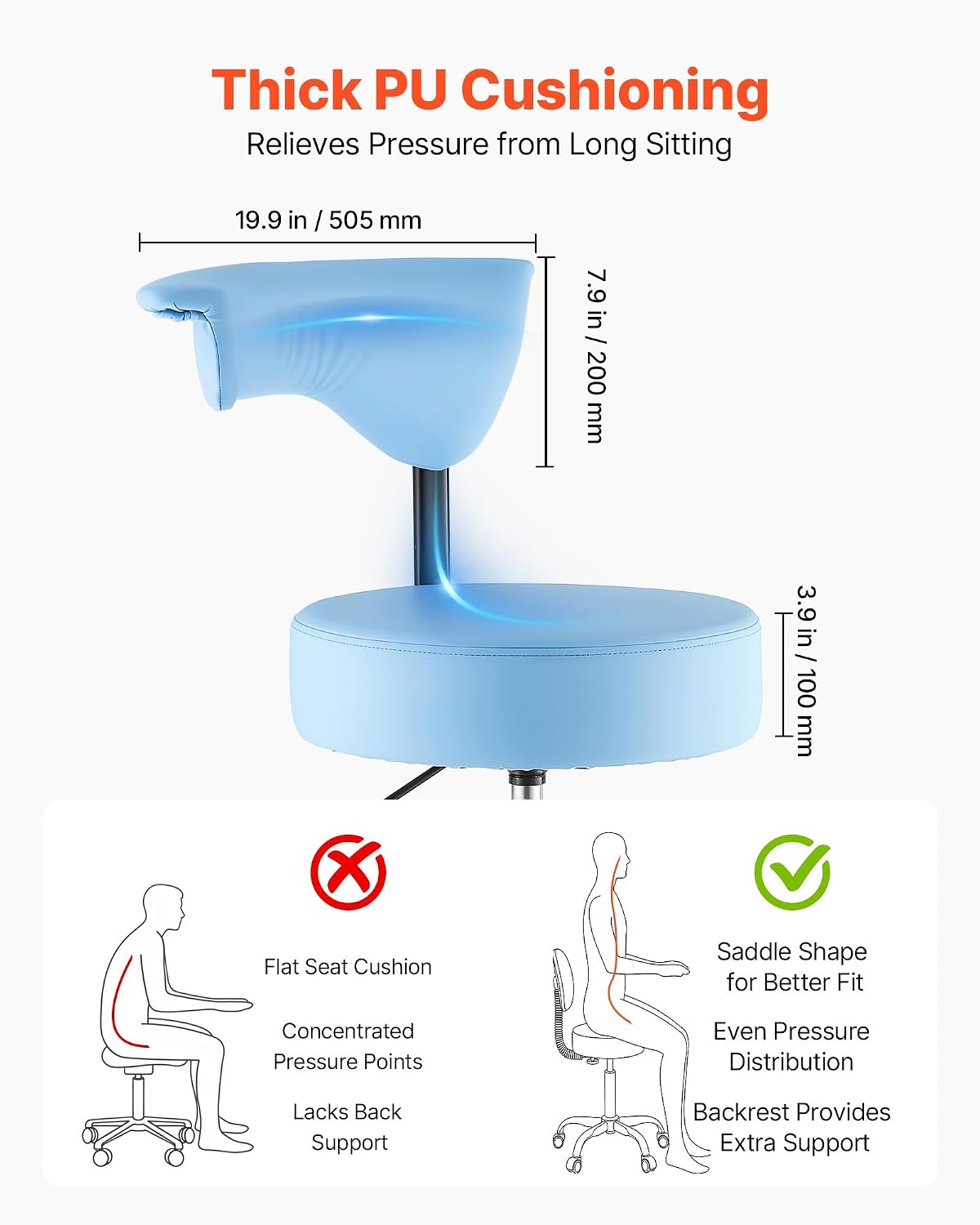 VEVOR Rolling Stool with Back Support, 500 lbs Weight Capacity, Height Adjustable, Thick Cushion Ergonomic PU Leather Seat, 360° Swivel Round Rolling Stool Chair for Dental, Salon, Clinic, Blue