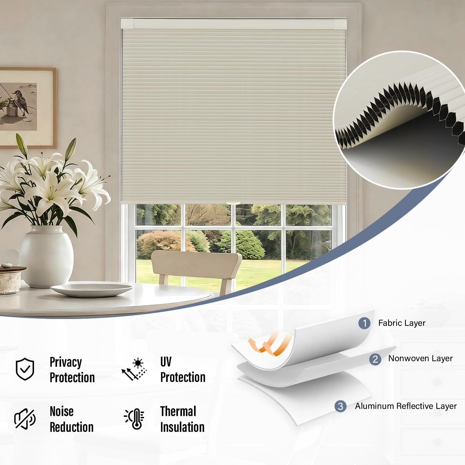 AOSKY No Drill Cordless Blackout Cellular Shades, 28" W x 64" H, Beige