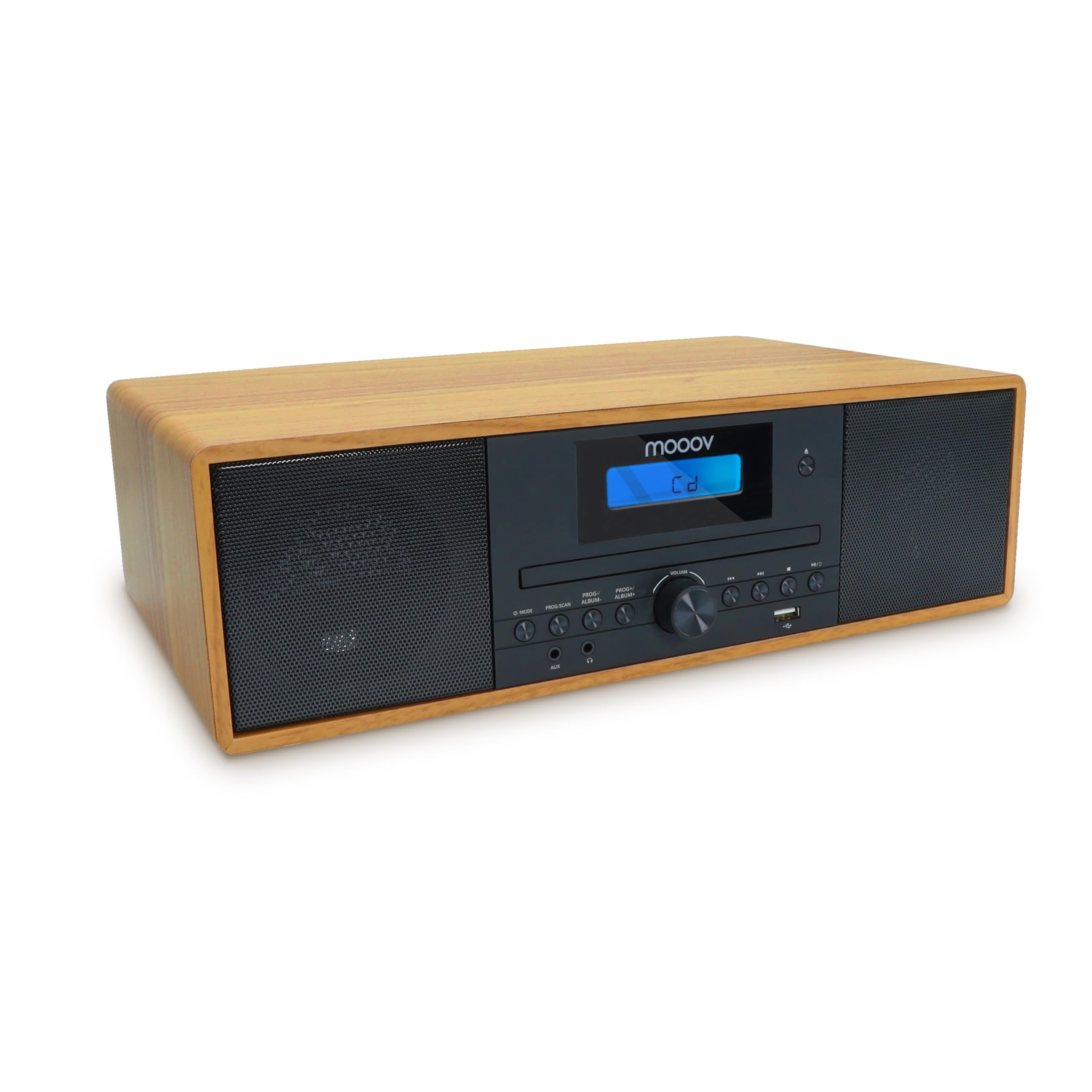 MOOOV 477380 Micro-​Chaine HiFi Bluetooth sans Fil, Tuner Radio FM, Lecteur CD, USB avec Télécommande Effet Bois Mini Chaîne Enceinte Vintage Haut Parleur Stereo