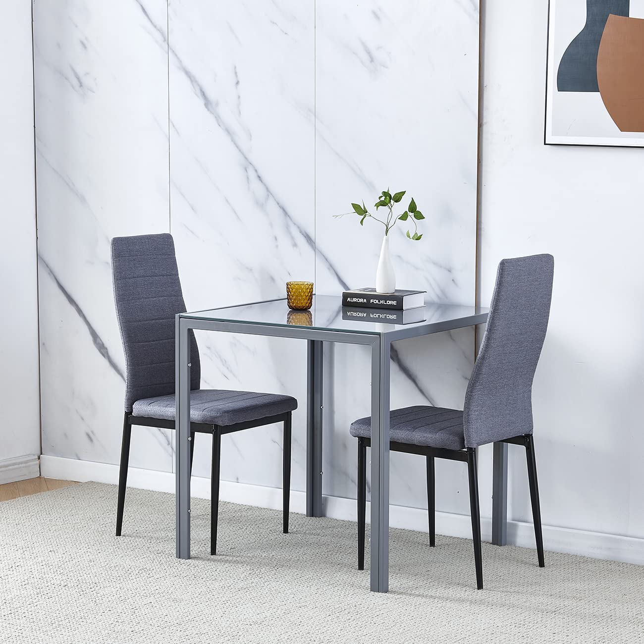 Menaka 3 Pieces Grey Glass Dining Table with Chairs Set for 2 People, Small Kitchen Square Table Tempered Glass and 2 Grey Linen Fabric Chairs Metal Legs (grey table and 2 grey chairs)