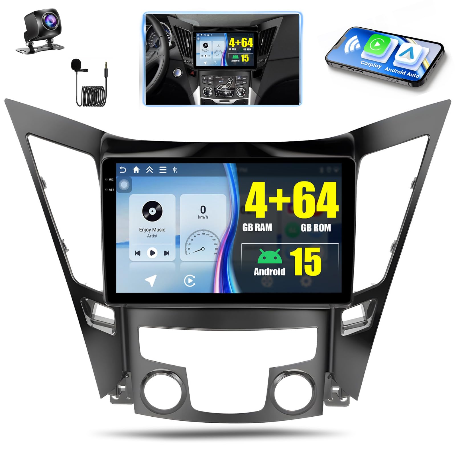 [4+64g] android 15 car stereo for hyundai sonata 2010 2011 2012 2013 2014 2015, hikity 9'' in-cell touchscreen radio wireless carplay android auto 5g wifi bluetooth/gps/swc fm///eq backup cam