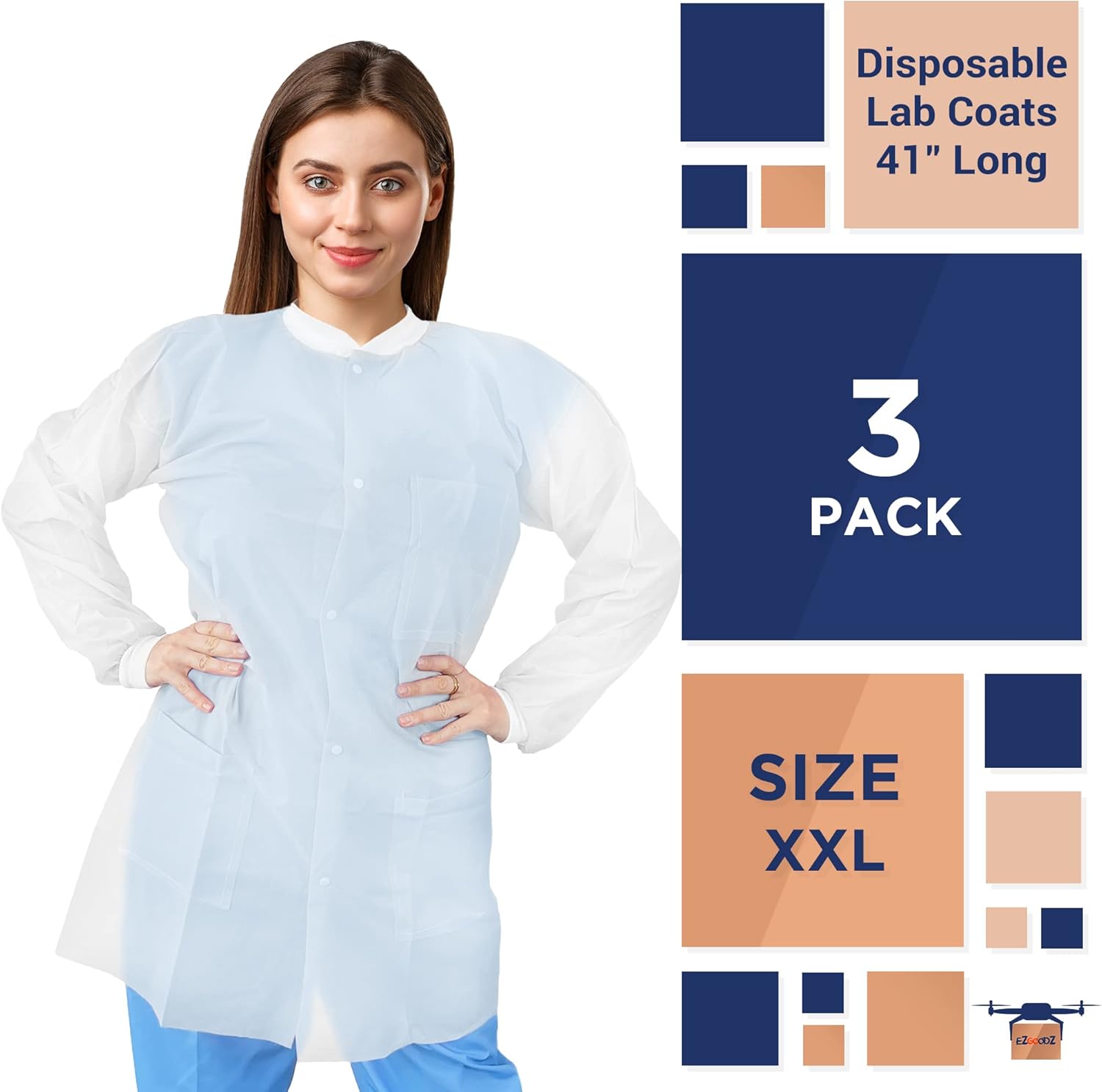 EZGOODZ Disposable Lab Coats for Adults, SMS Disposable Smocks 40 GSM with Front Snaps, Knit Cuffs, Collar, 3 Pockets