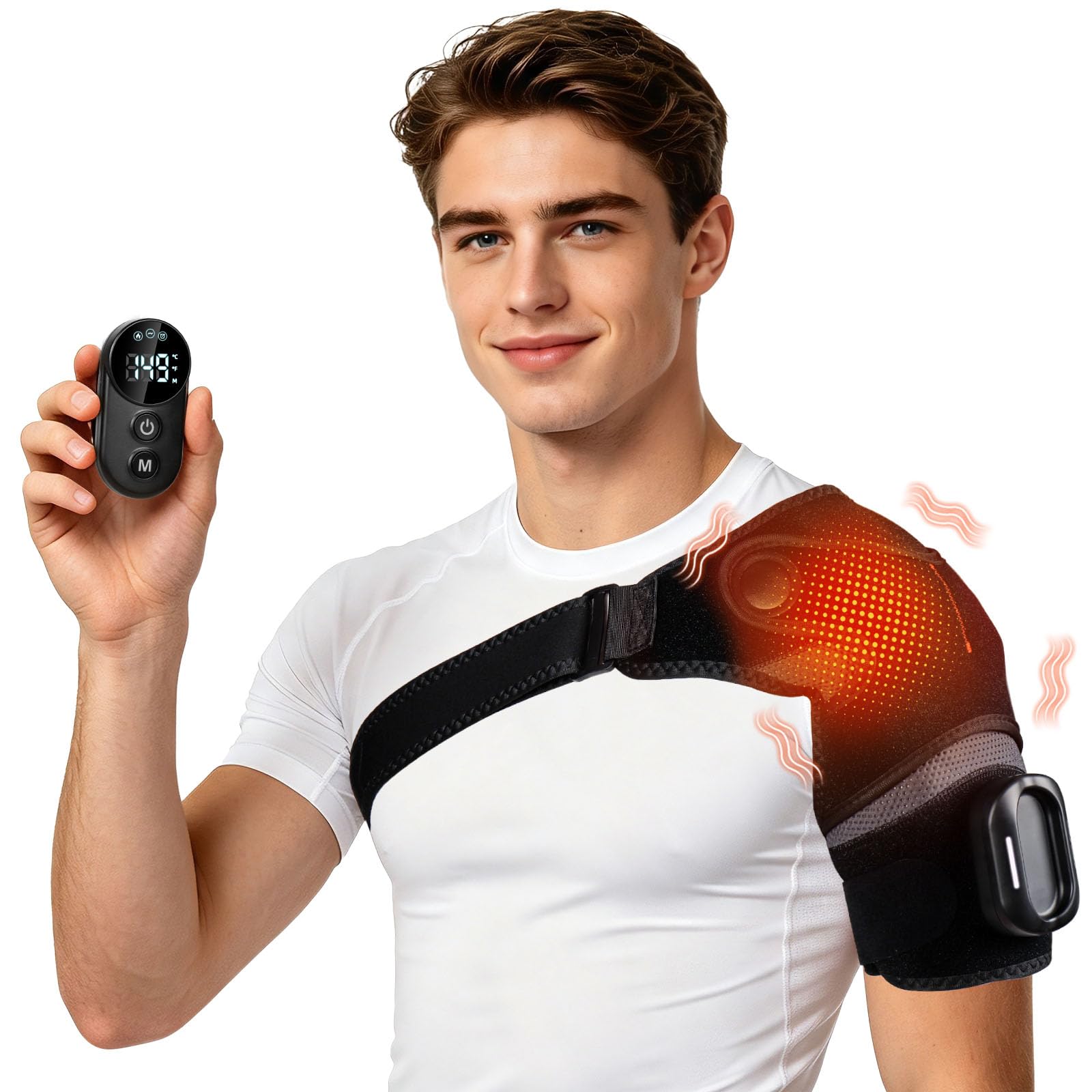 Kabelloses Schulter-Heizkissen mit abnehmbarer magnetischer Fernbedienung, kabelloses Schulter-Heizkissen mit Wärmefunktion, 5000 mAh Akku, 5 Heizstufen, 5 Vibrationsmodi, 3 Timer