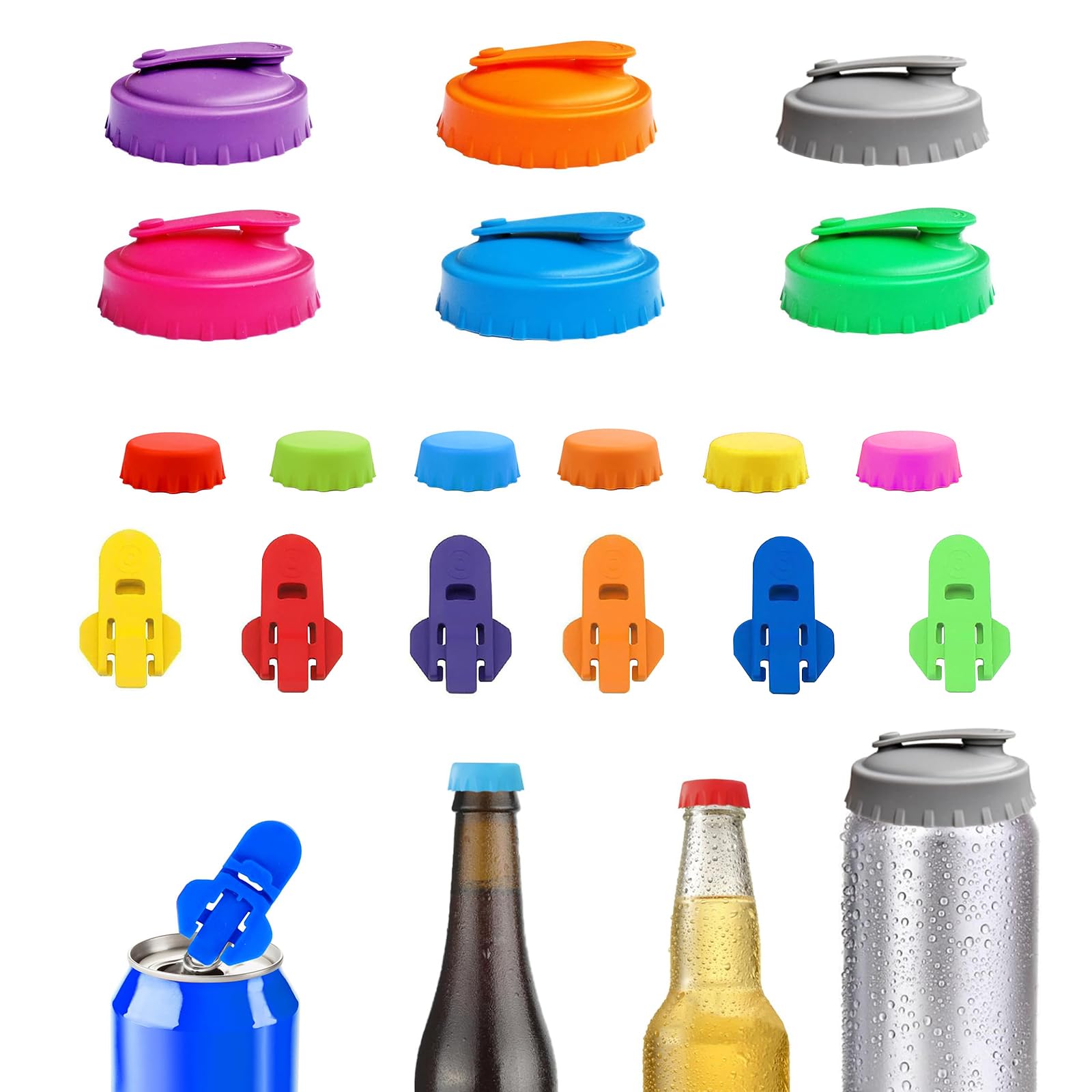 Wlicchs Colourful 18 Piece Drink Can Stopper, Beer Bottle Lid And Drink Can Opener Set, Silicone Lid For Cans, Reusable, Silicone Lids For Cans For Beer Bottles, Cans, Glass Jars