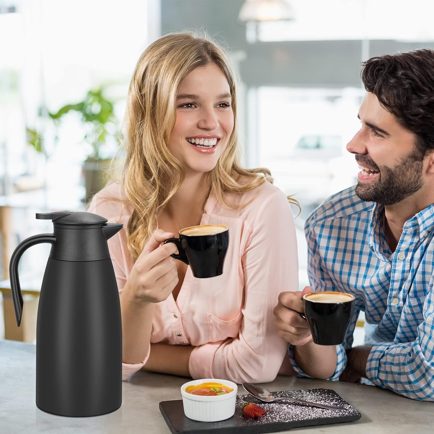 2 Liter Edelstahl Isolierkanne, Doppelwandige Vakuum Tee- und Kaffeekanne, Hitze- und Kälteisolierung, Perfekt für Zuhause, Büro oder Outdoor (Schwarz)