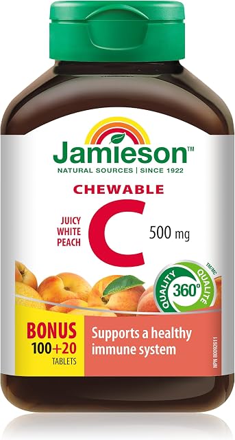 Jamieson Vitamine C Mâchable 500 mg Saveur Pêche Blanche Juteuse, Soutient la Santé Immunitaire, Dents et Os Solides. Amical pour la Famille (4+), Végétarien, Non-OGM, Sans Gluten, Sans Saveurs, Couleurs ou Conservateurs Artificiels, 120 Comptes, Fièrement Canadien