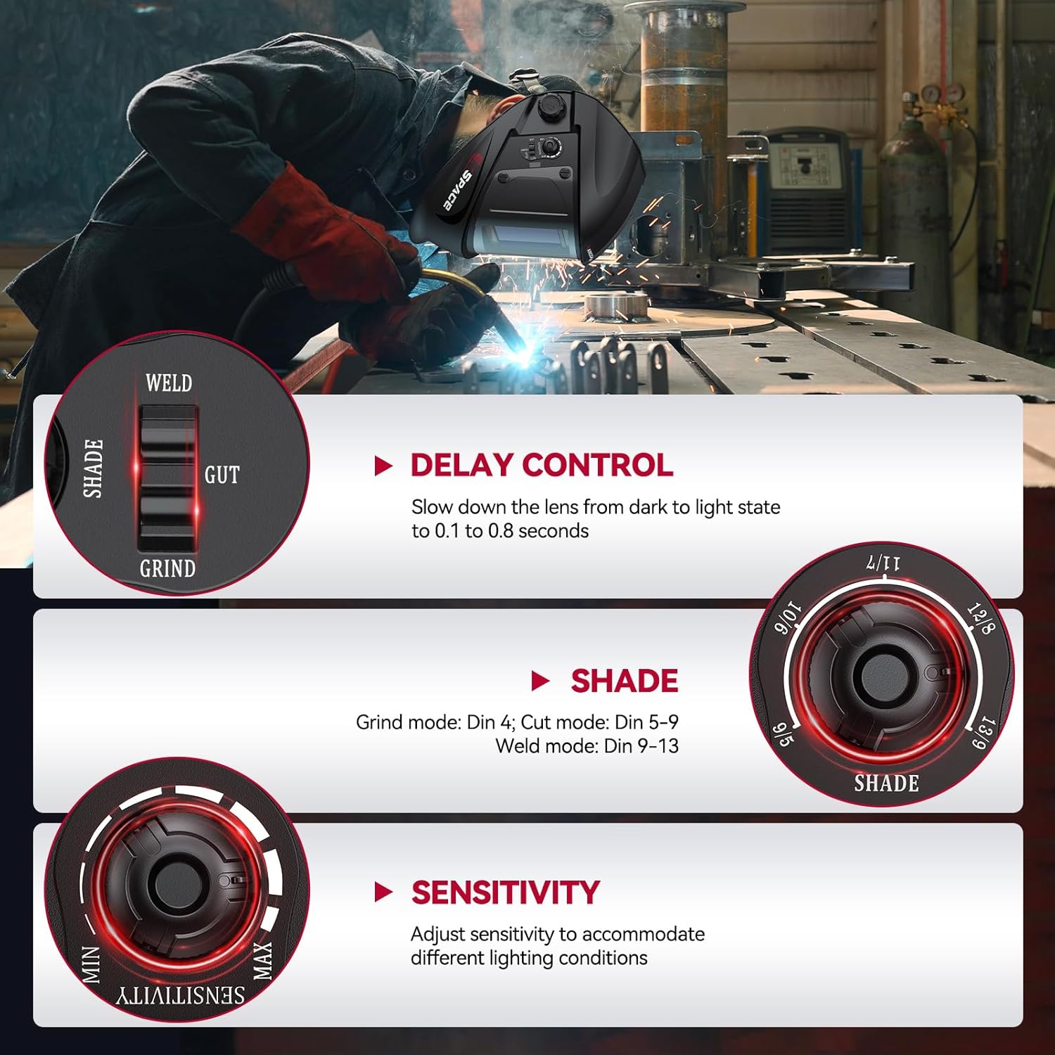Controls for shade, sensitivity, and delay on the welding helmet