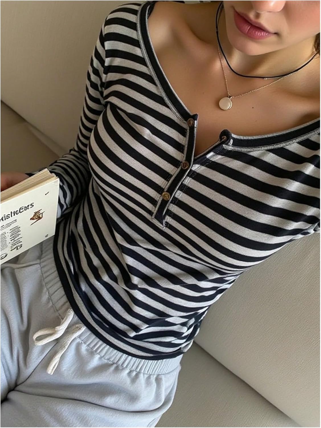 SweatyRocks Girl's Striped Long Sleeve Henley T Shirts Casual Slim Fitted Knitted Tee Tops - Image 3