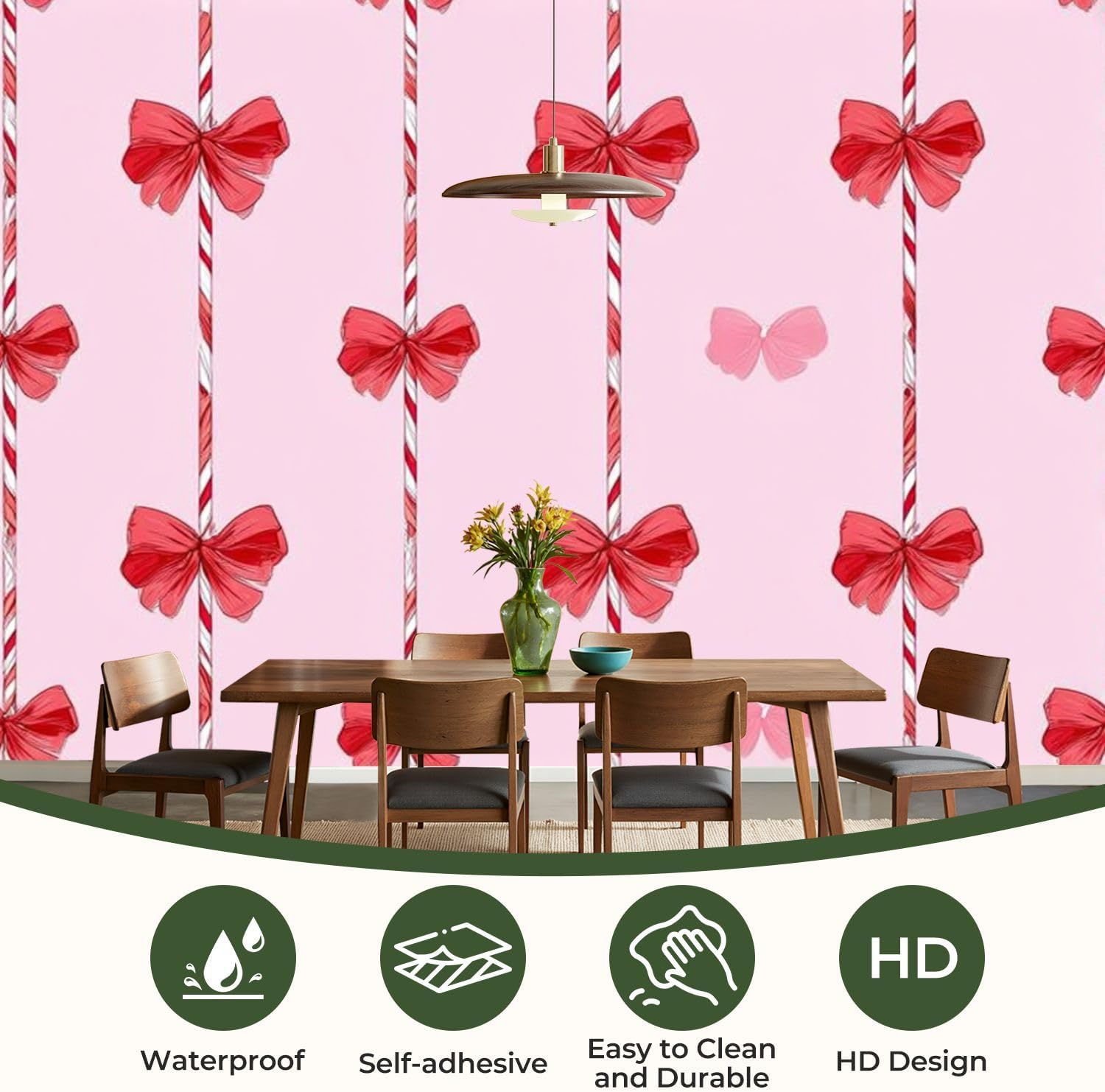 Modern Peel and Stick Wallpaper Removable Wall Murals 3D Candy Cane Christmas Cute red Bow Seamless Coquette Peppermint Sticks Self-Adhesive PVC Wall Stickers for Living Room Bedroom 144"x100"