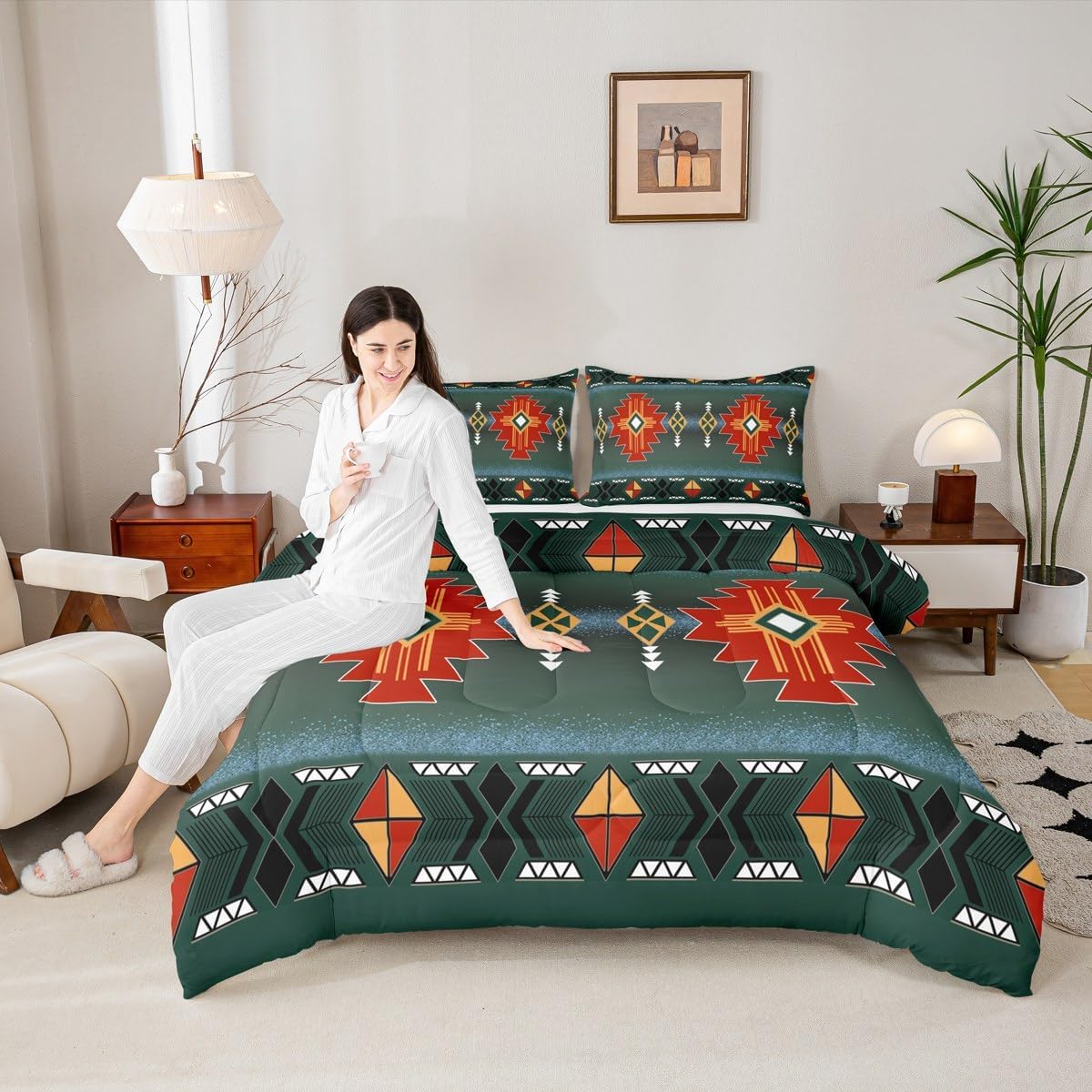 Erosebridal Southwestern Aztec Twin Comforter Set, Rustic Western Bedding Set, Exotic American Native Bedding Comforter Sets for Boys Teens Men Bedroom, Vintage Bohemian Geometric Quilt, Red Green