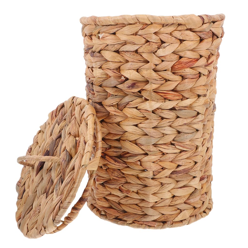 Cesto de Basura Tejido de Hierba Calabaza con Tapa, Estilo Rústico | Mimbre, Papelera de Escritorio, Uso en Salón, Diseño Decorativo y Artesanal