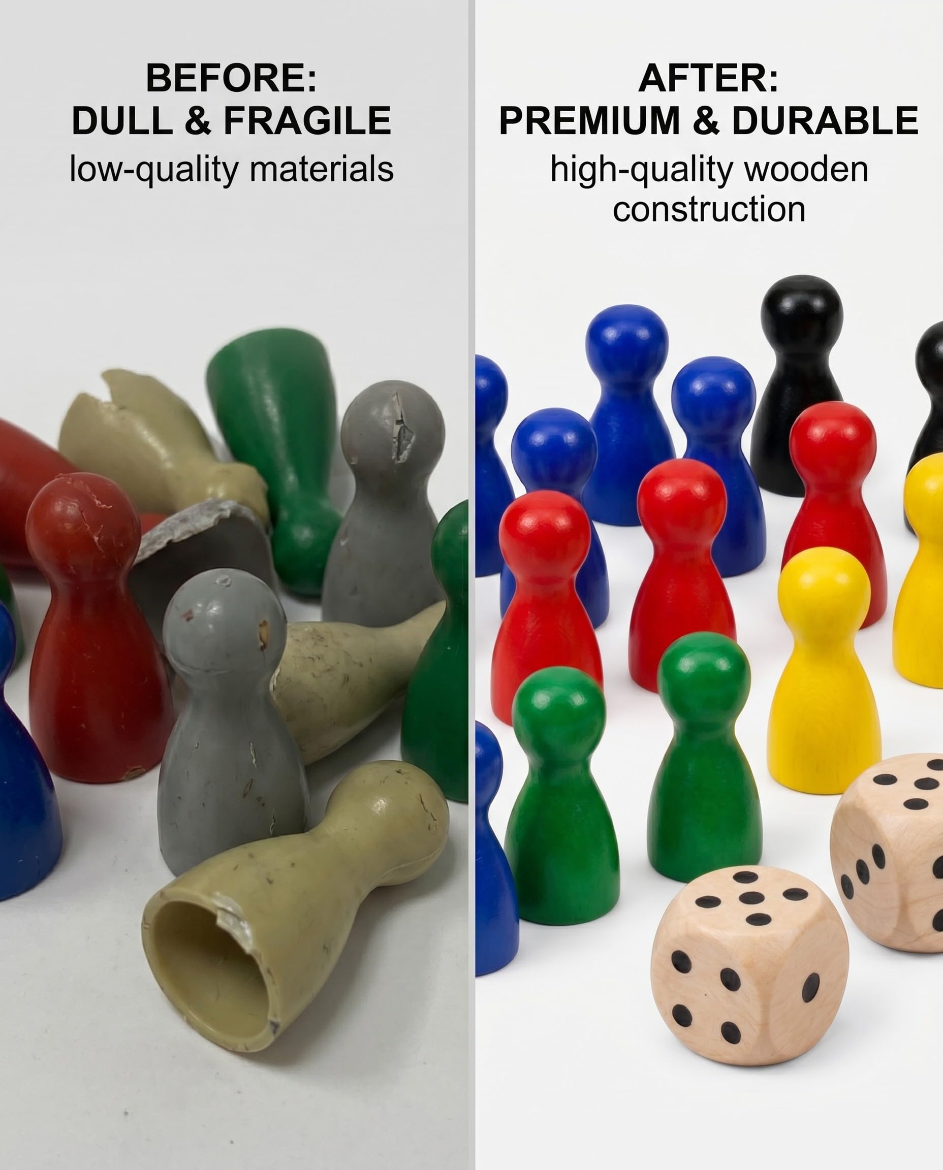 Pedine Sagomate in Legno, 30 Pezzi Multicolori (6 Colori) + 3 Dadi, Set Universale per Giochi da Tavolo, Ricambi e Progetti DIY Creativi