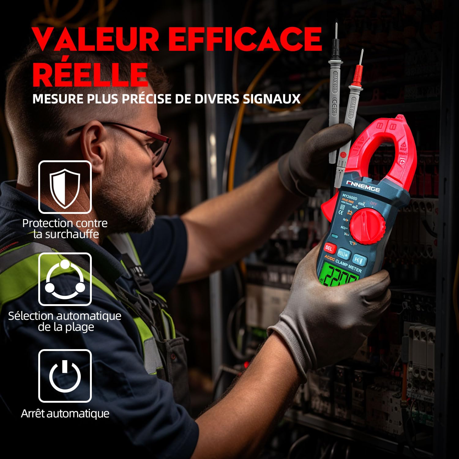 FNNEMGE Pince Ampèremétrique Numérique DC/AC : 0-600A,Multimètre Valeur Efficace Réelle 6000 Comptes, Mesure NCV Courant Alternatif/Courant Continu, Tension, Résistance, Capacité, Température