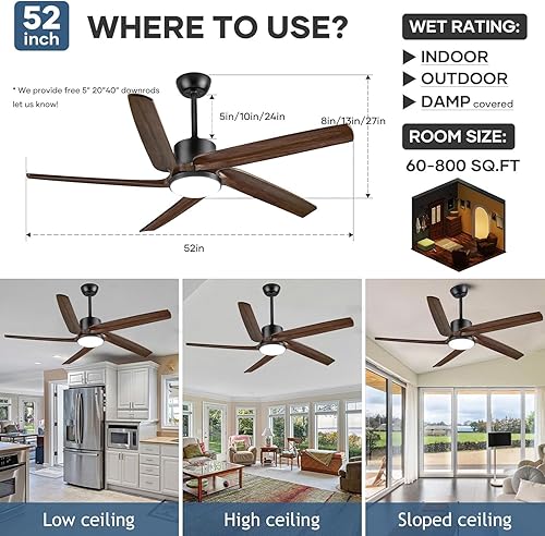 Miniatura 2 de Outdoor Ceiling Fan with Light, farmhouse Ceiling Fan with Remote, 5 Light Dimmable CCT, High Airflow 52 Inch wood Ceiling Fan for Indoor Outdoor