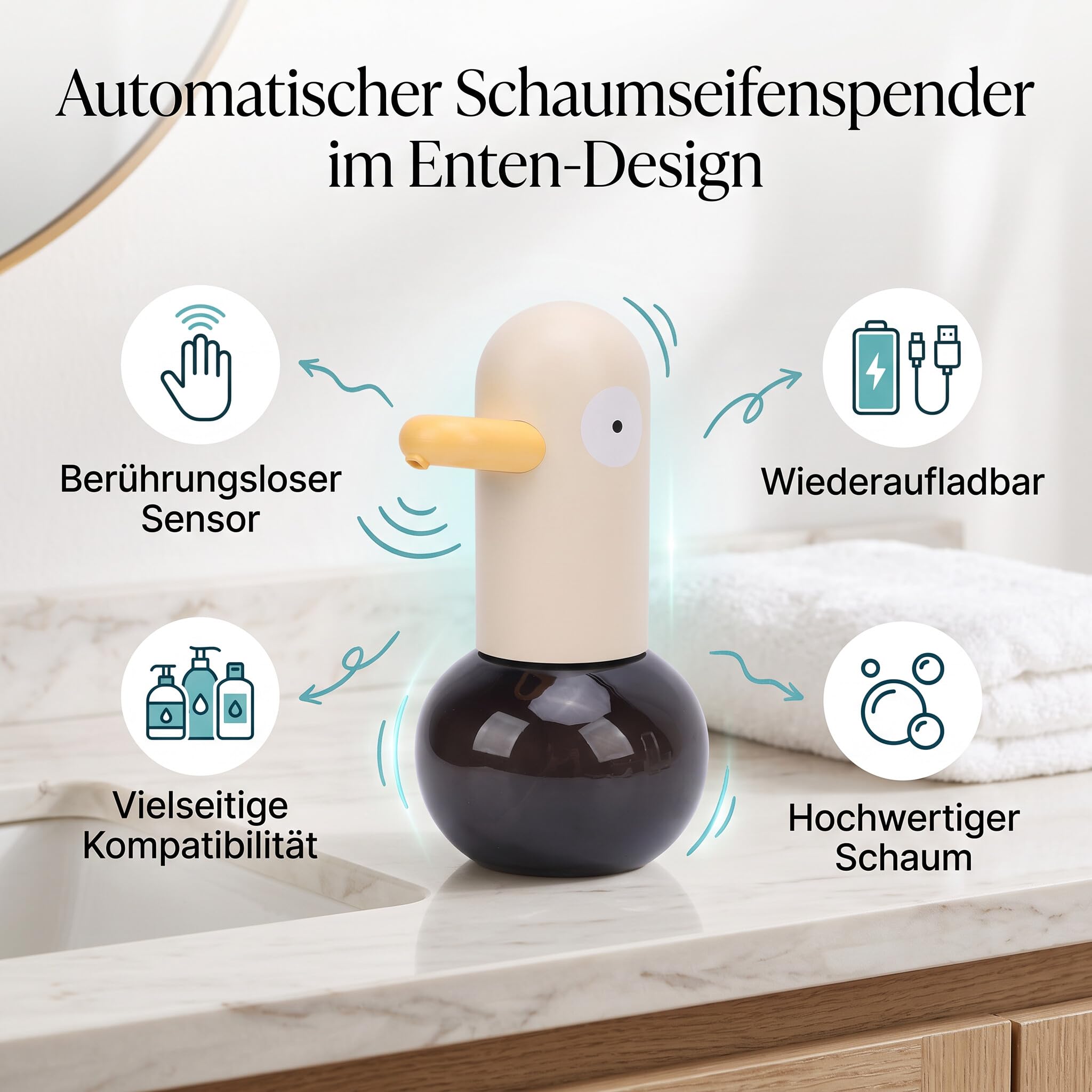 Ejoyous Seifenspender Automatisch, Wandbefestigung Seifenspender kontaktloser Cartoon-Ente 0.25s Sensor 1800mAh USB-Aufladbar für Bad Küche Gesichtsreiniger (Stil 2)